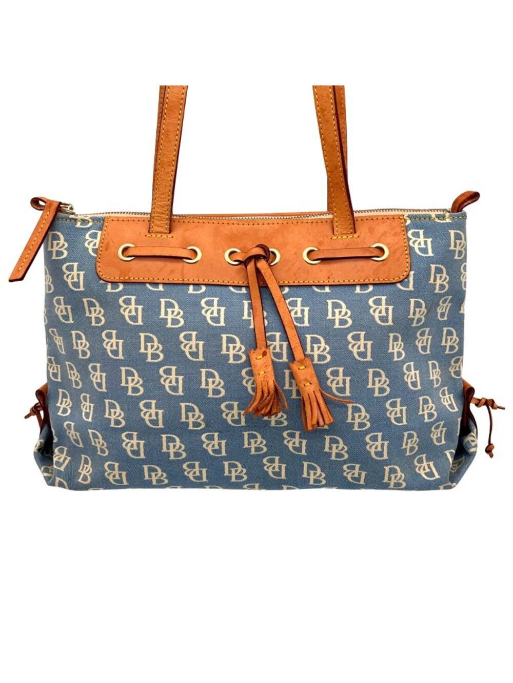 Dooney & Bourke Blue Monogram Canvas & Leather Tote Bag Purse Tassel Details